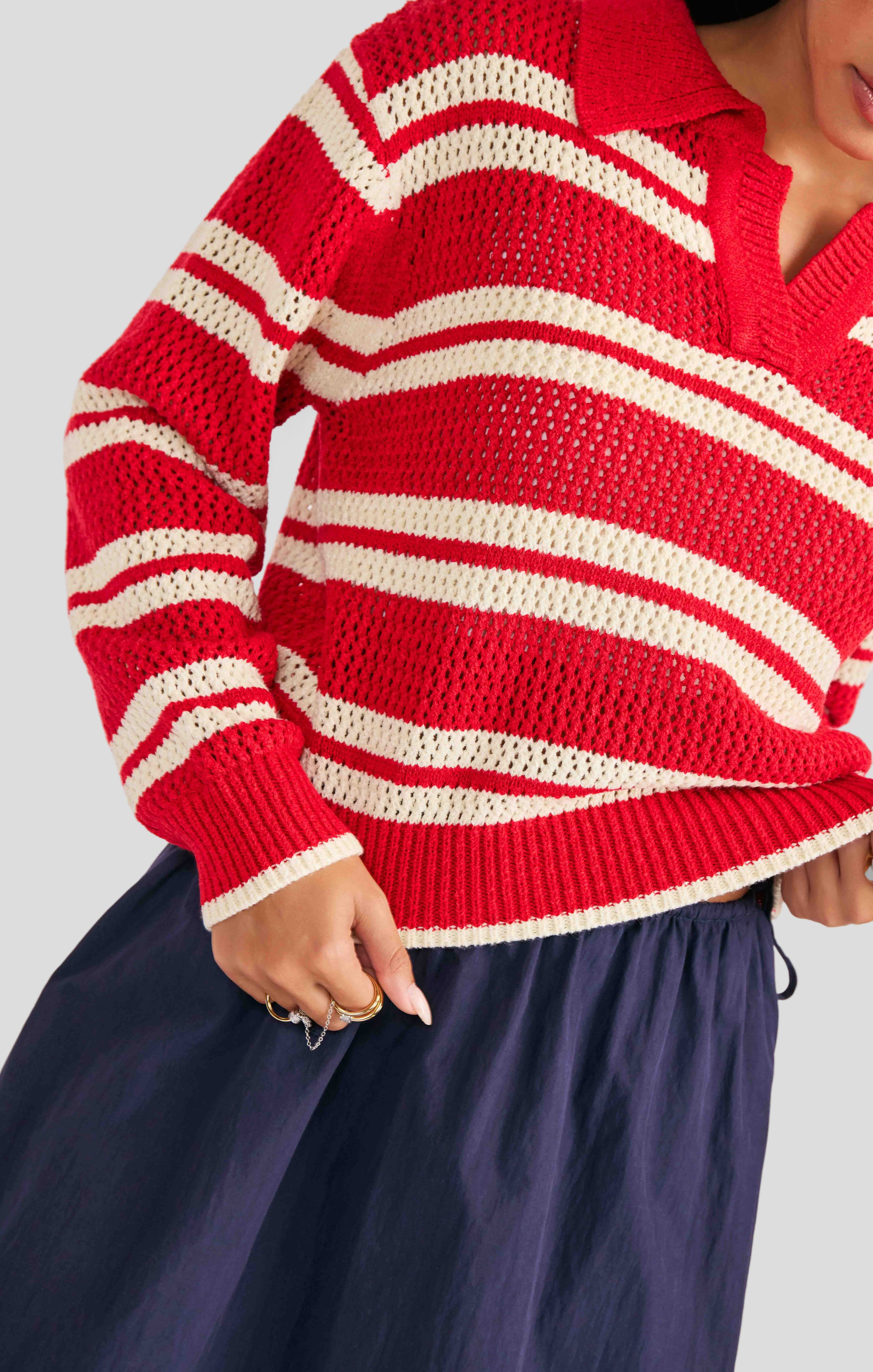 Caddie Collared Sweater in Red Ivory - detail view