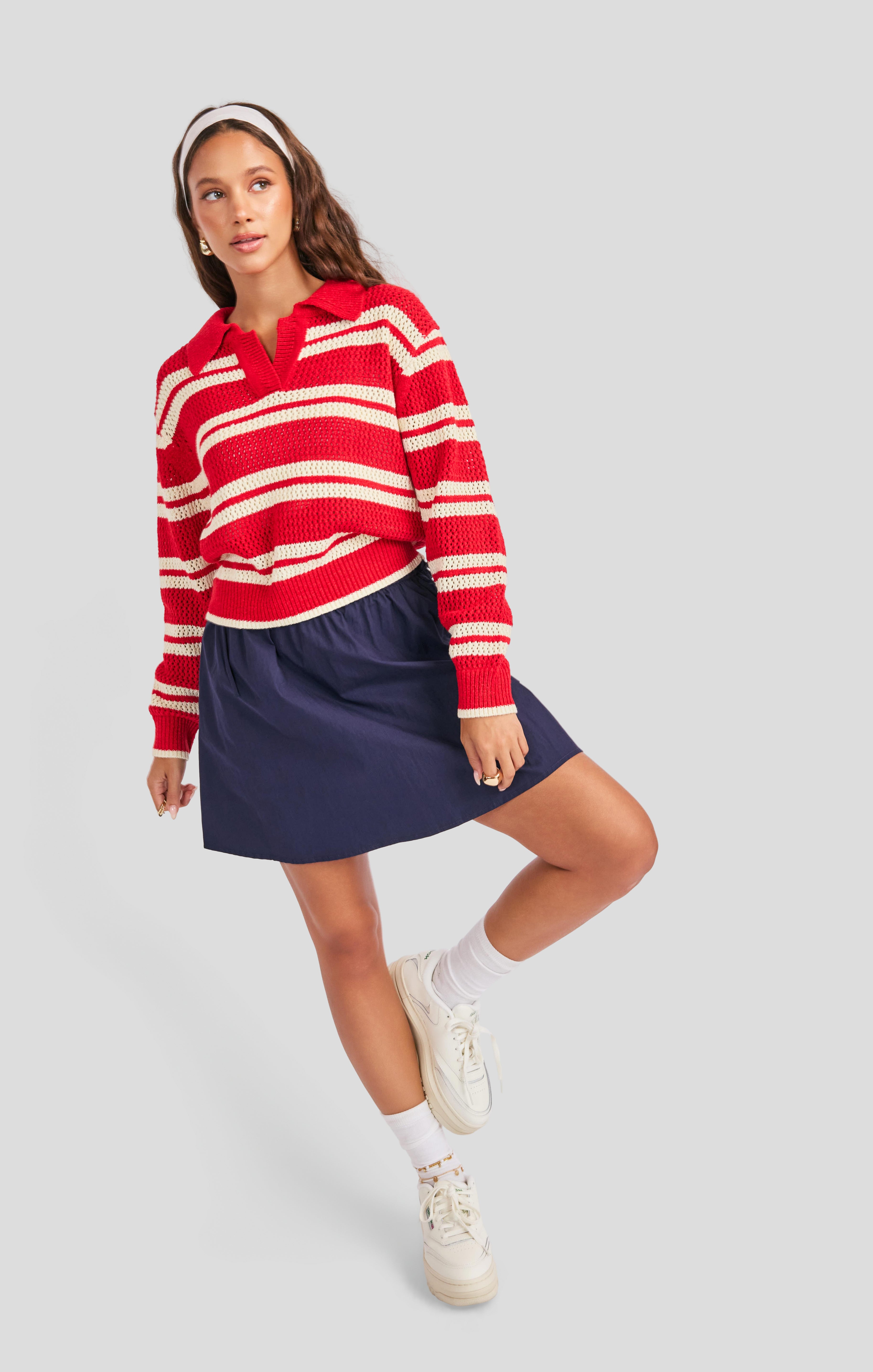 Caddie Collared Sweater in Red Ivory - mood image