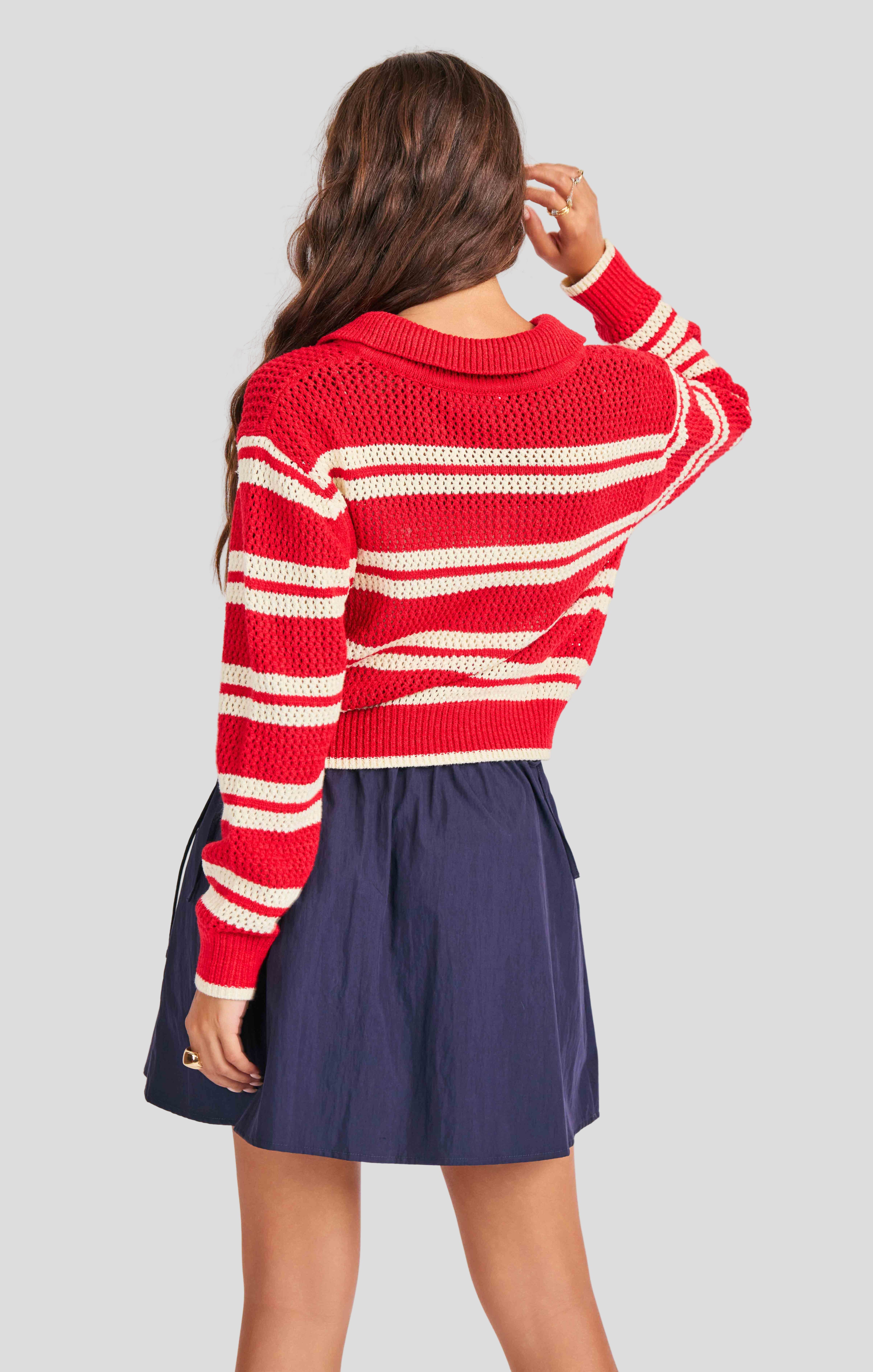 Caddie Collared Sweater in Red Ivory - back crop view