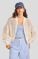 Joyride Sweater Bomber in Ivory Camel - front crop view