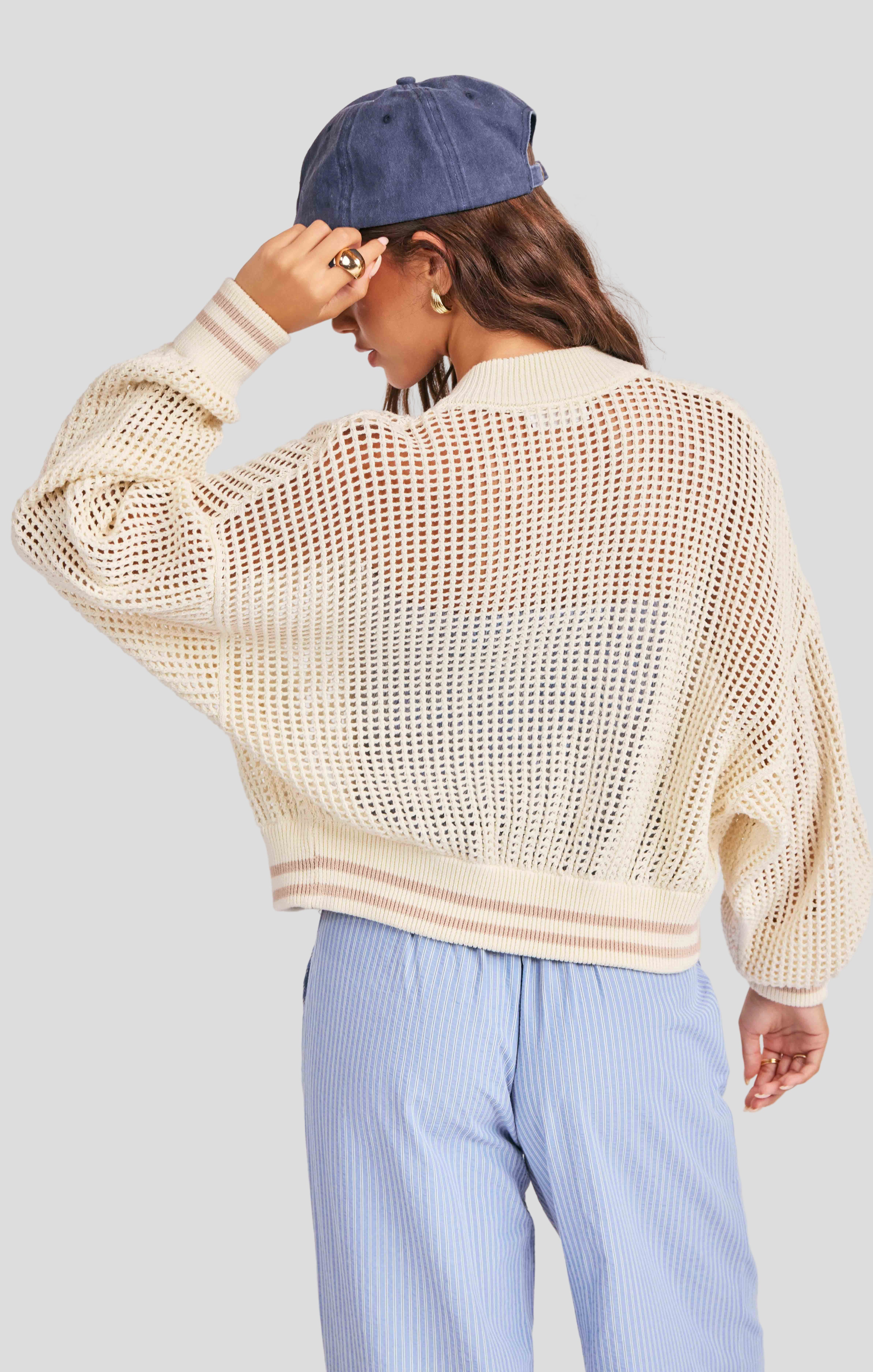 Joyride Sweater Bomber in Ivory Camel - back crop view
