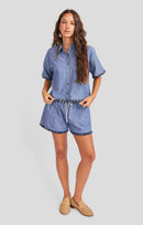 Sullivan Fringe Button Up in Medium Blue - front view