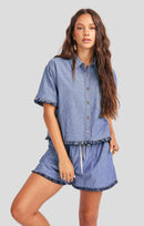 Sullivan Fringe Button Up in Medium Blue - front crop view