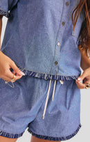 Sullivan Fringe Button Up in Medium Blue - detail view