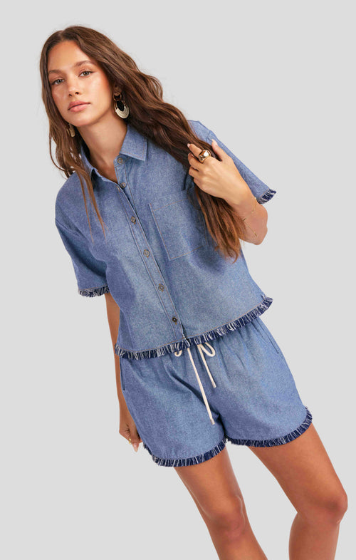 Sullivan Fringe Button Up in Medium Blue - mood image