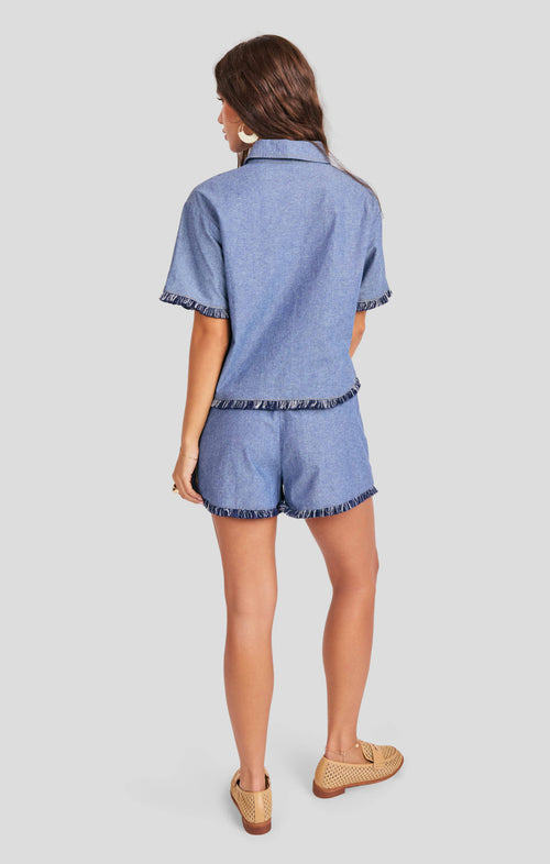 Sullivan Fringe Button Up in Medium Blue - back view