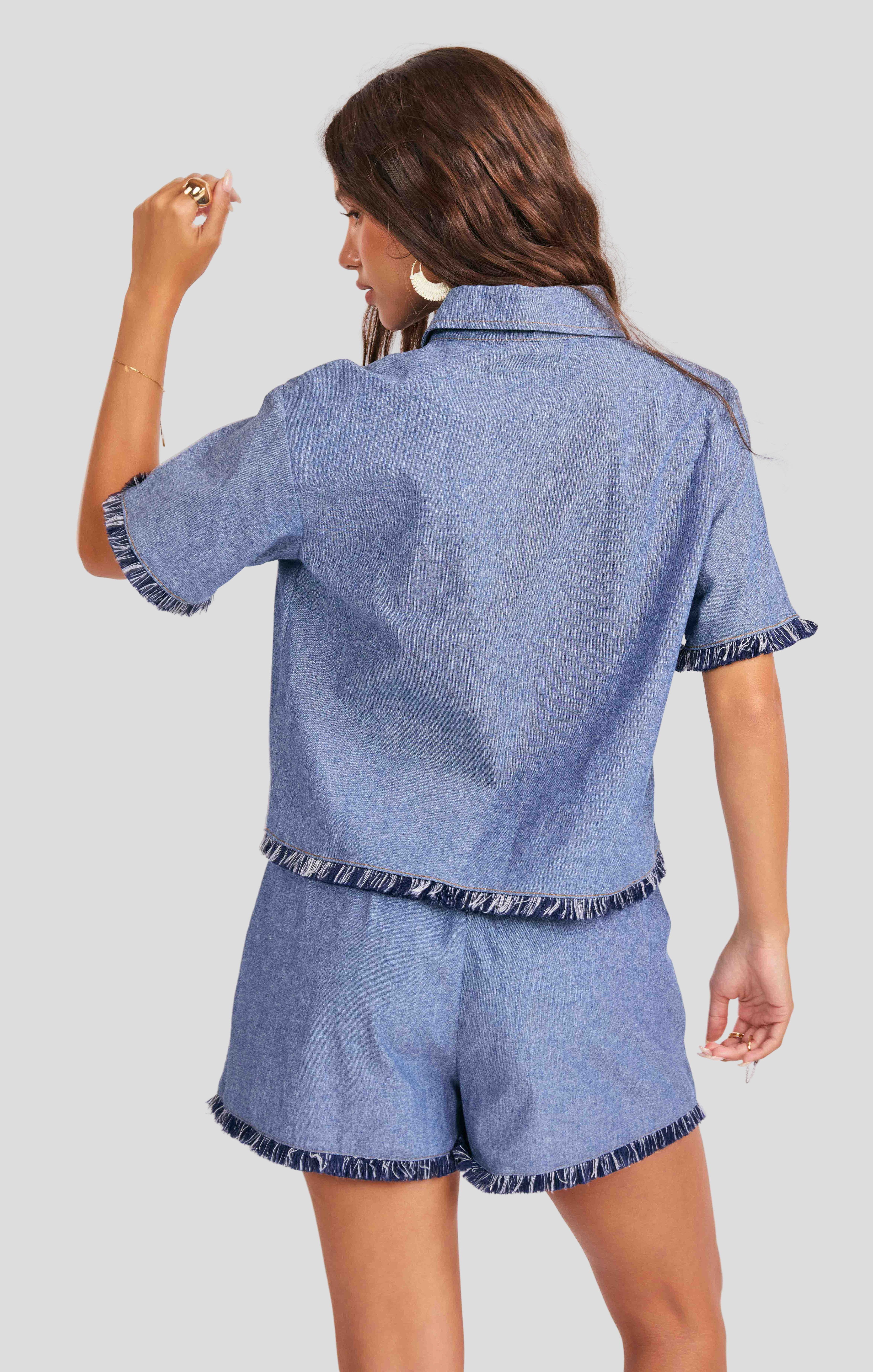 Sullivan Fringe Button Up in Medium Blue - back crop view
