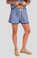 Sullivan Fringe Shorts in Medium Blue - front crop view