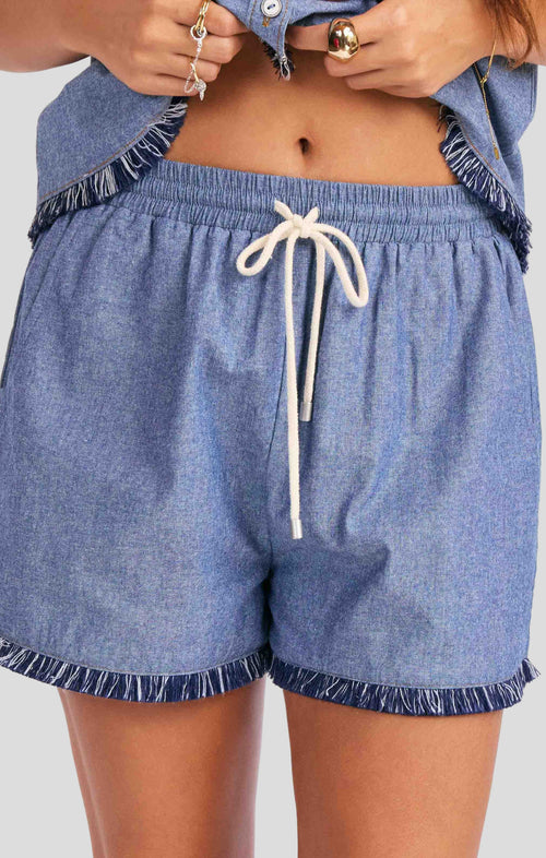 Sullivan Fringe Shorts in Medium Blue - detail view