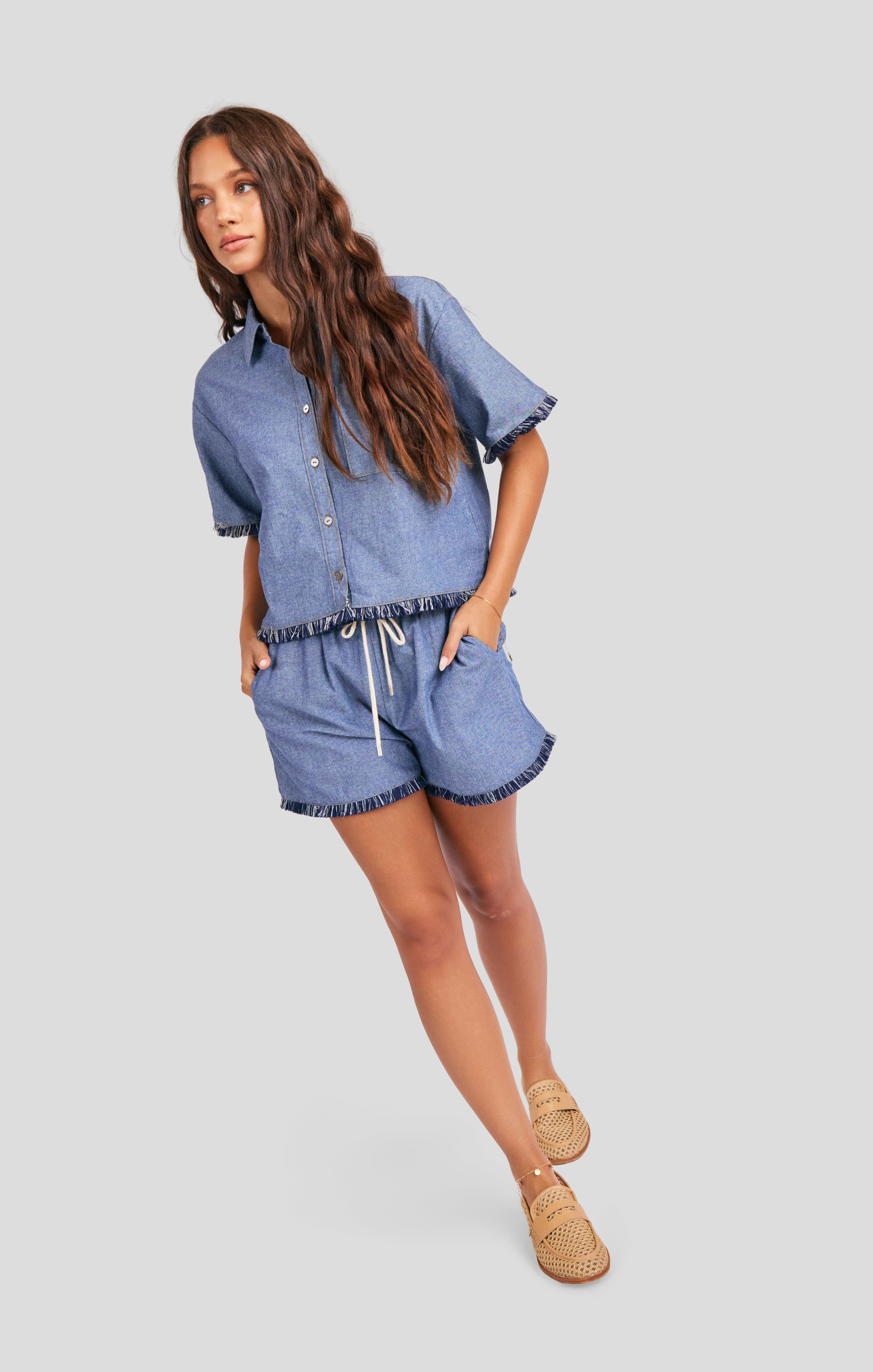 Sullivan Fringe Shorts in Medium Blue - mood image