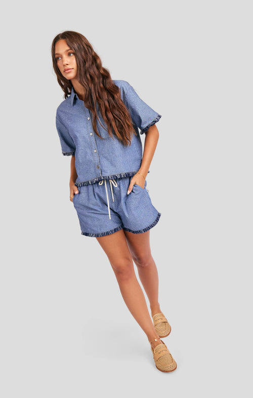 Sullivan Fringe Shorts in Medium Blue - mood image