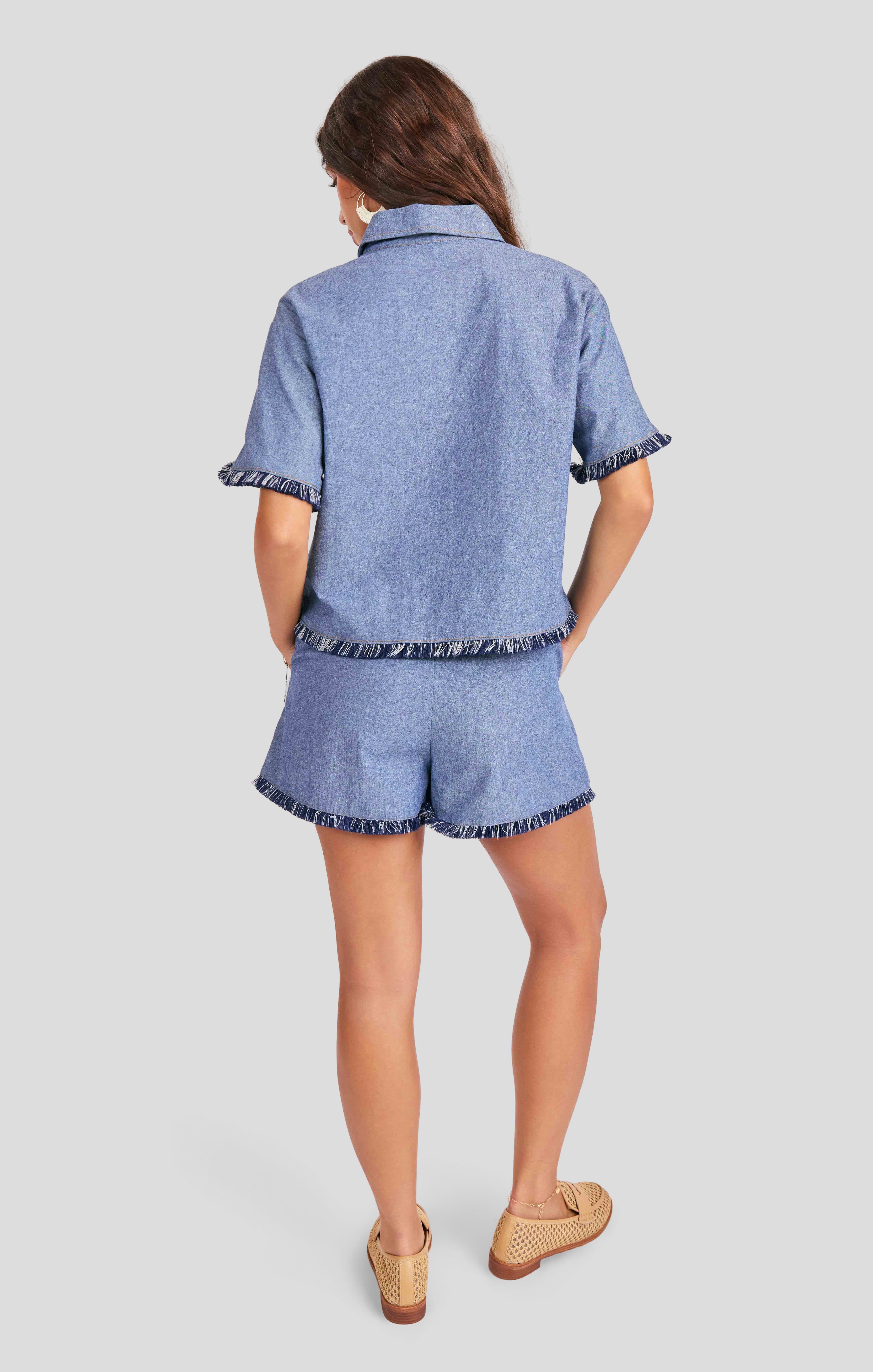 Sullivan Fringe Shorts in Medium Blue - back view