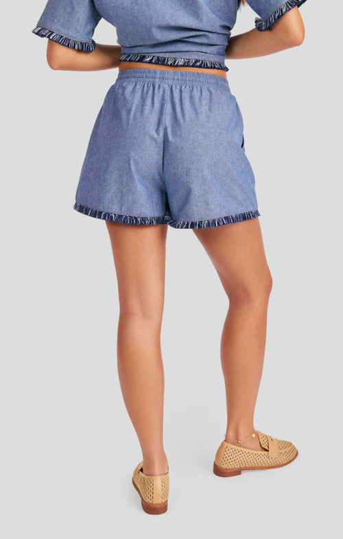 Sullivan Fringe Shorts in Medium Blue - back crop view
