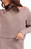 Gabi Sweater Top And Dress Set in Taupe - detail view
