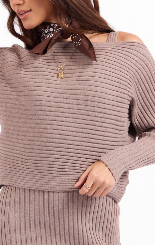 Gabi Sweater Top And Dress Set in Taupe - detail view