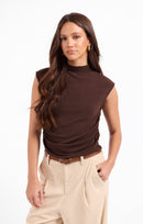 Sweetie Mock Neck Tank in Oak - front crop view