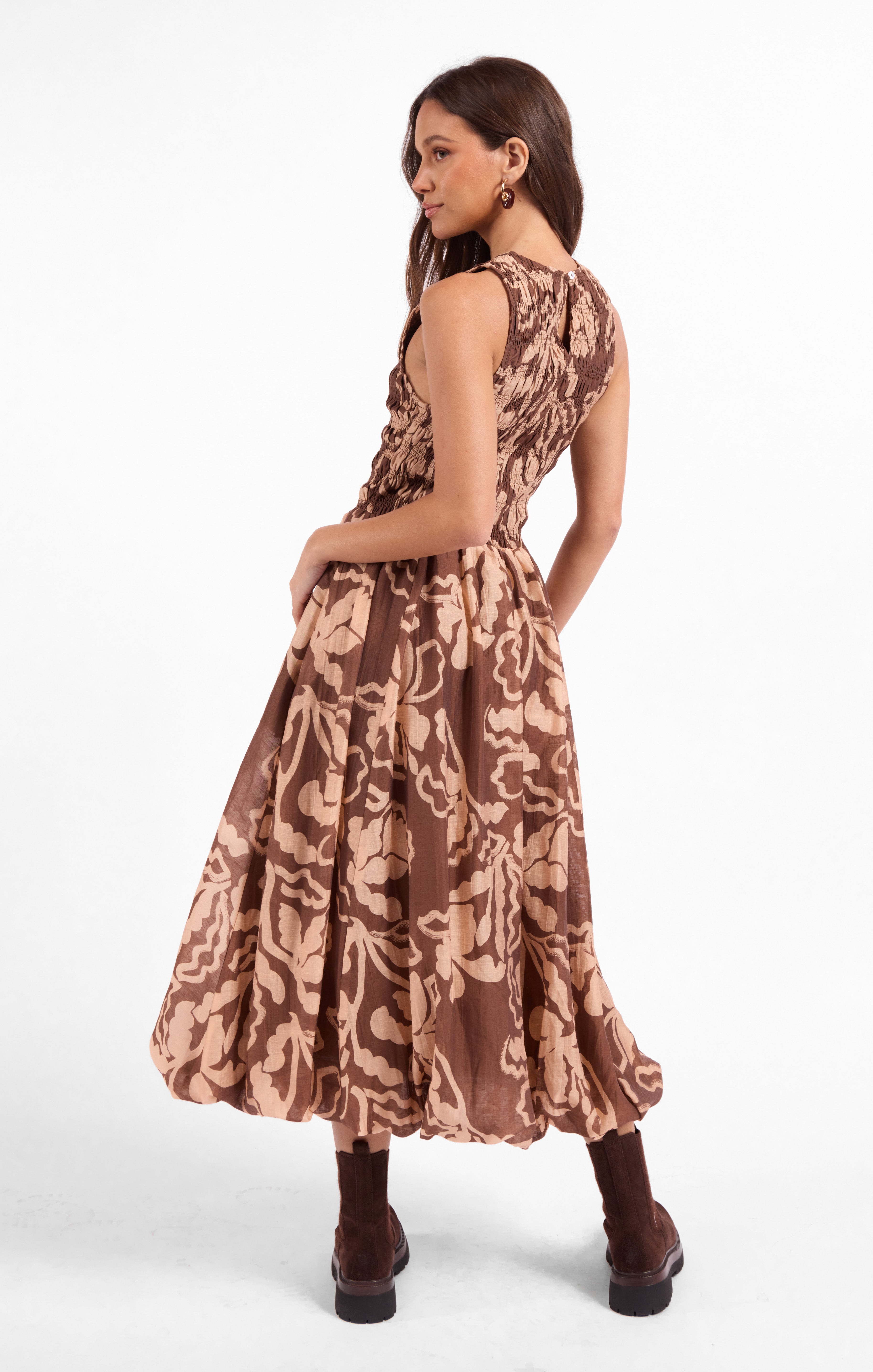Rustic Charm Midi Dress in Oak Beige - back crop view