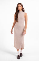 Teacake Midi Dress in Heather Taupe - front crop view