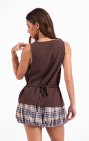 Myra Button Front Vest in Oak - back crop view