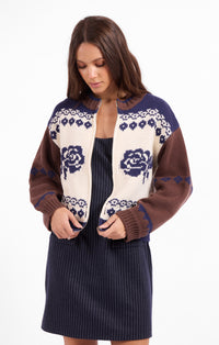 Sweet Rose Jacquard Zip Sweater Jacket