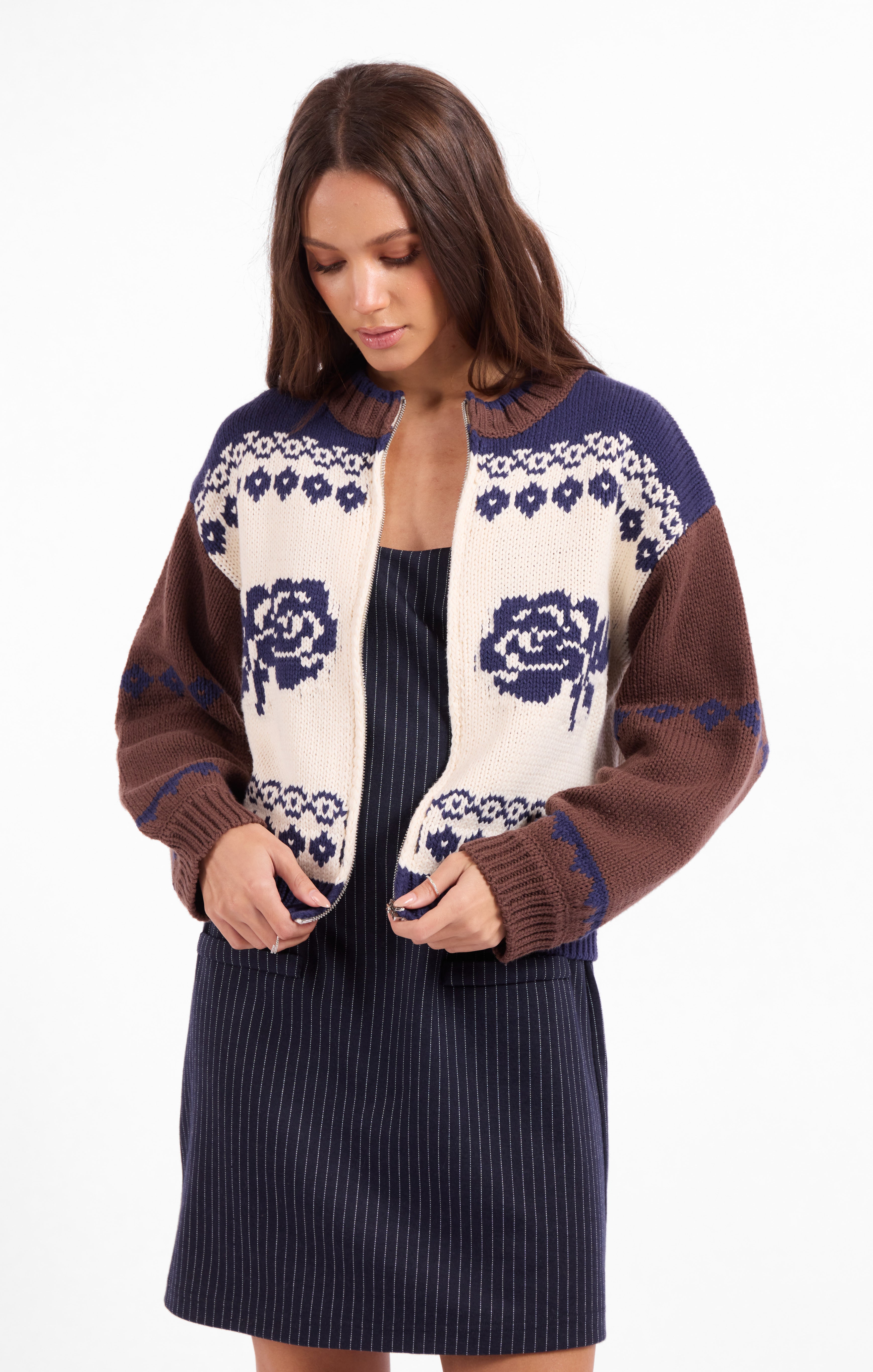 Sweet Rose Jacquard Zip Sweater Jacket