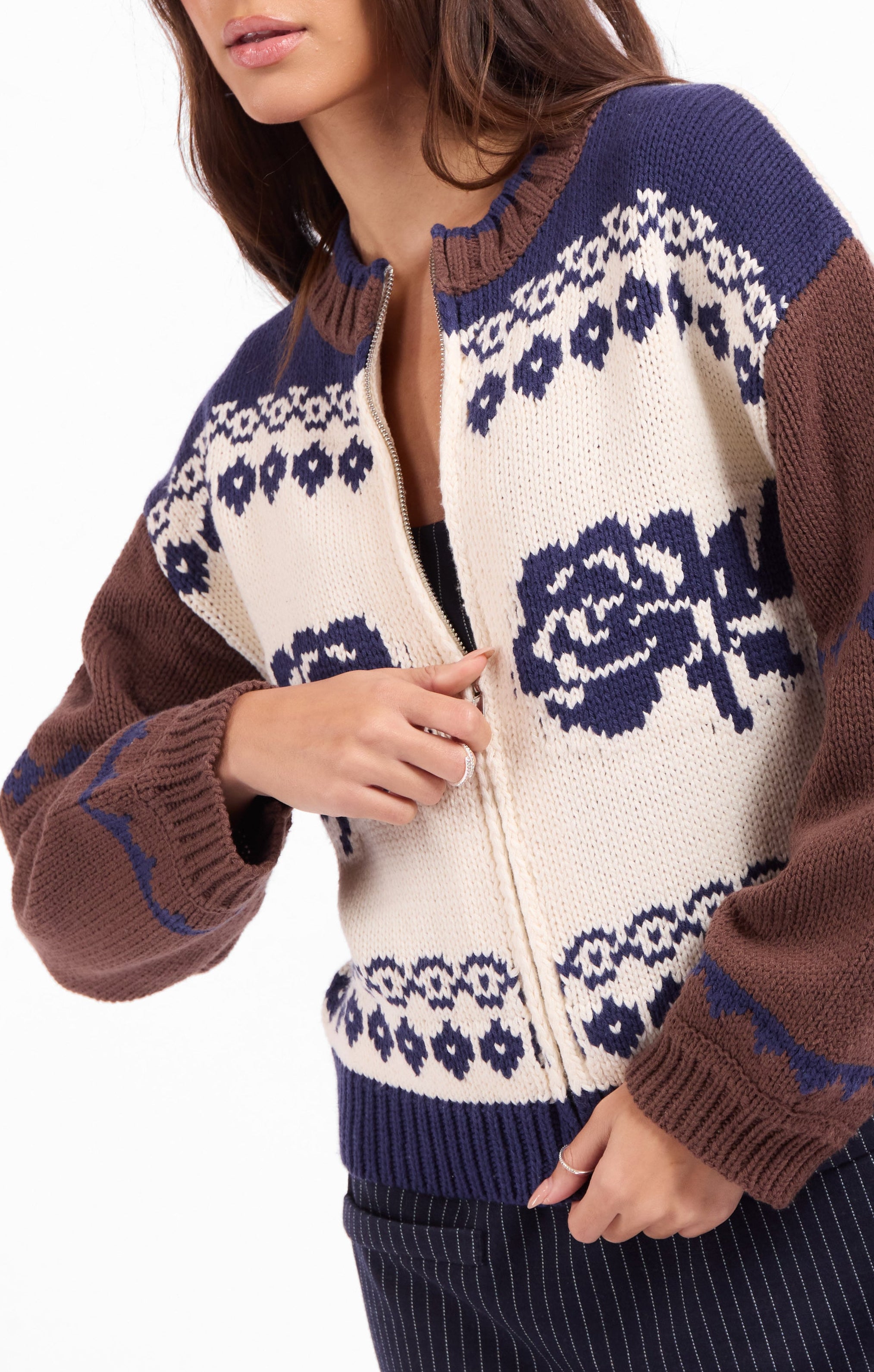 Sweet Rose Jacquard Zip Sweater Jacket