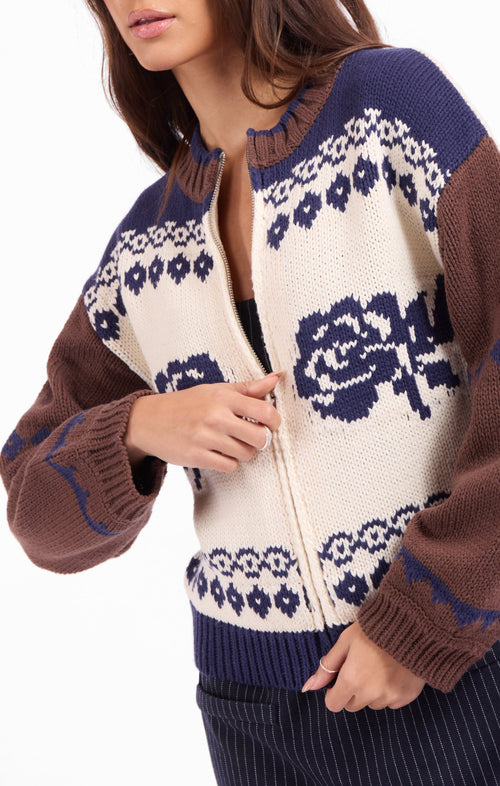 Sweet Rose Jacquard Zip Sweater Jacket