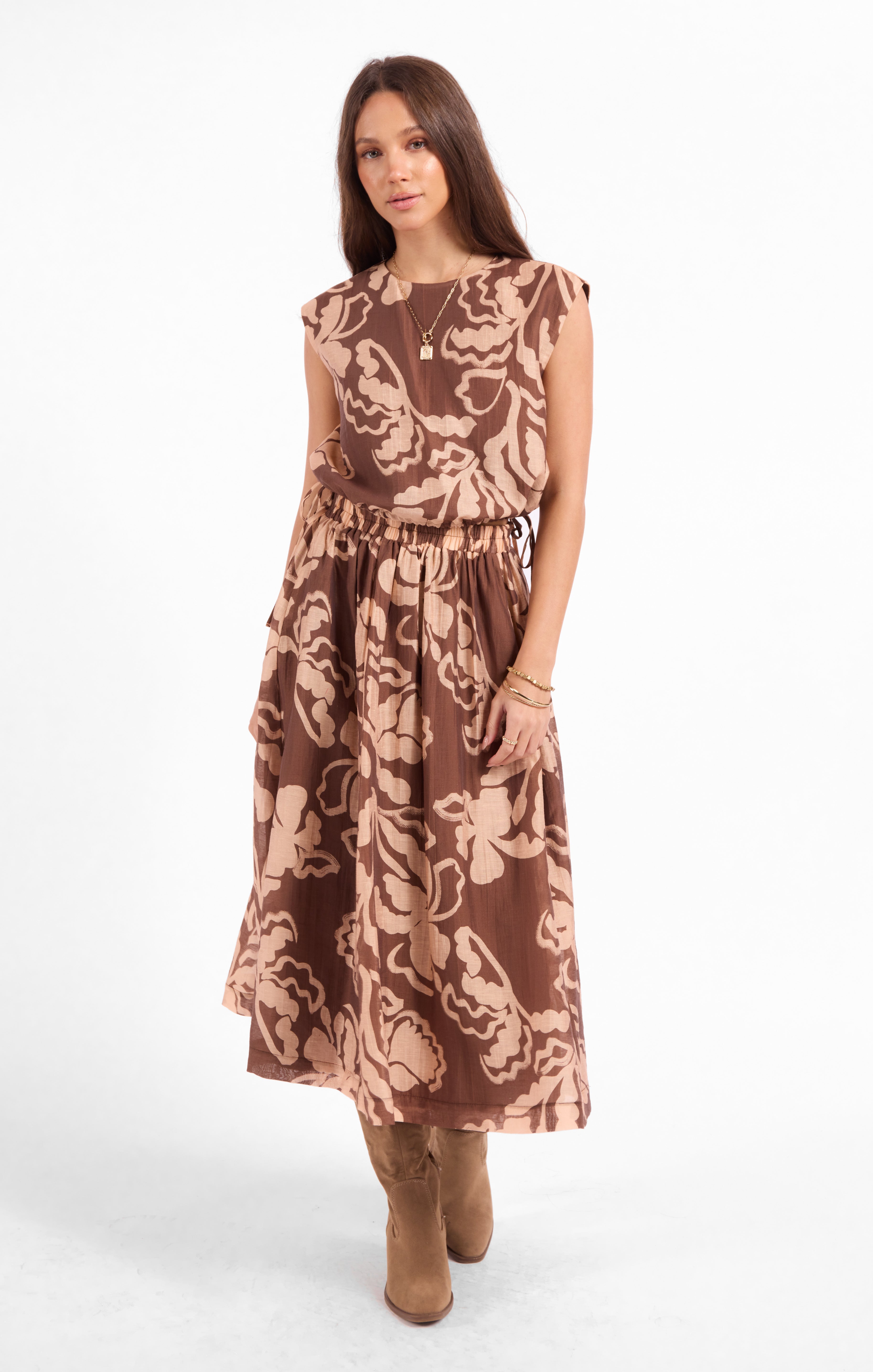Rustic Charm Midi Skirt in Oak Beige - front view