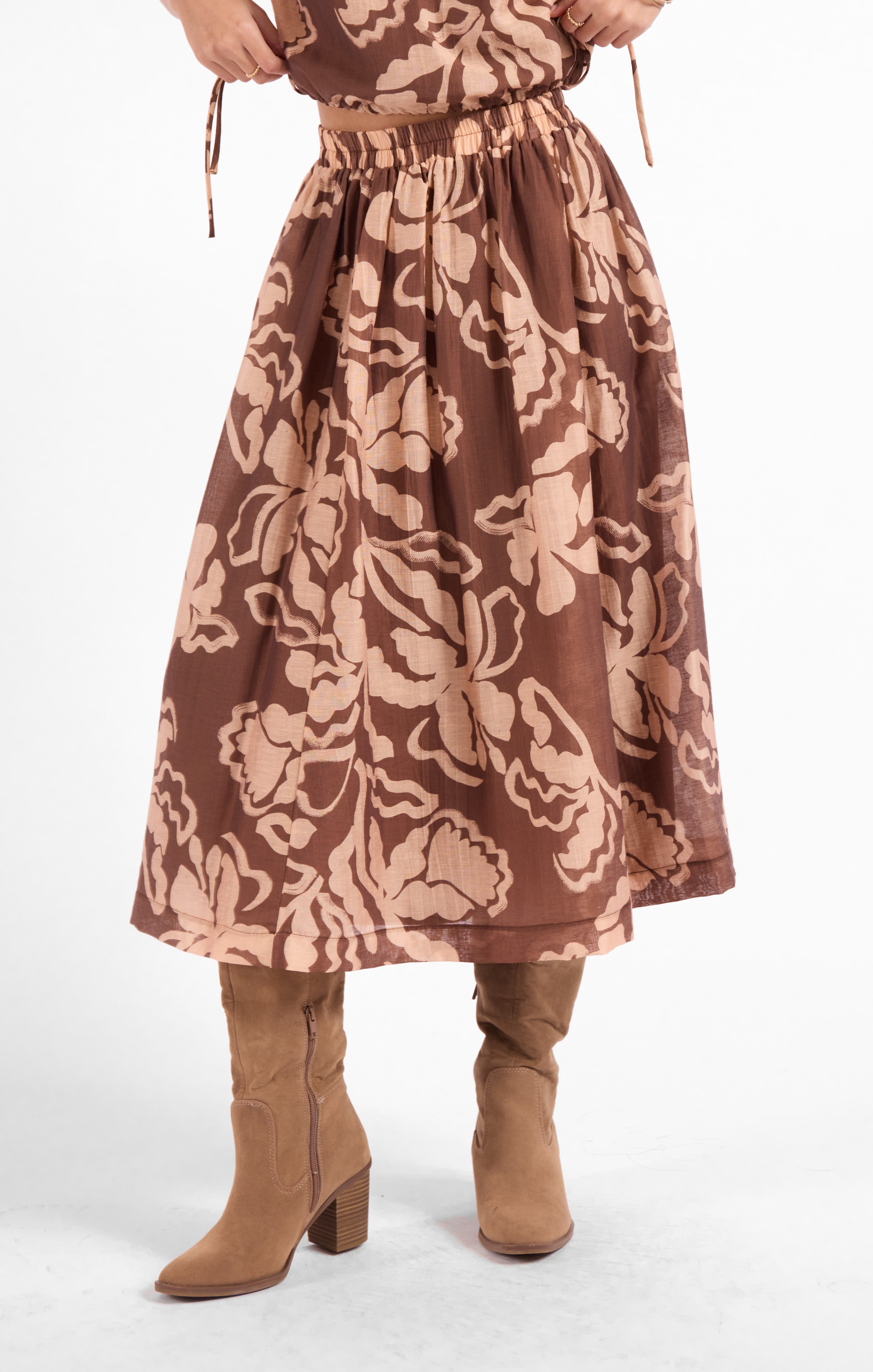 Rustic Charm Midi Skirt in Oak Beige - front crop view