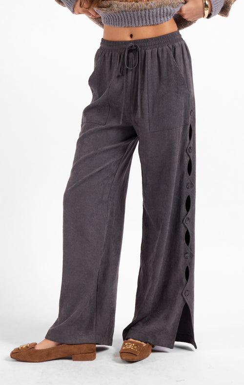 Rhea Button Pants in Stone Grey - front crop view