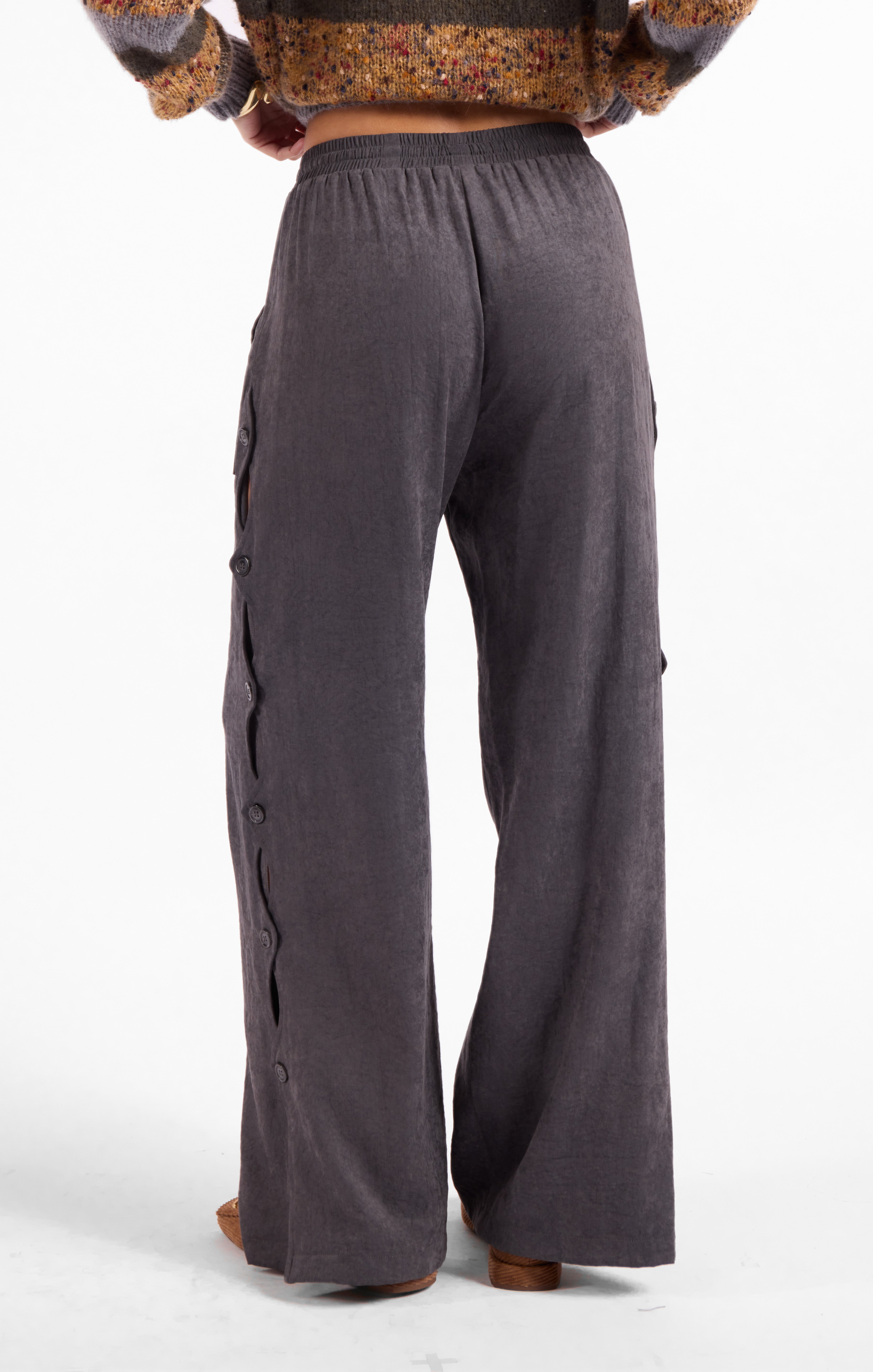 Rhea Button Pants in Stone Grey - back crop view