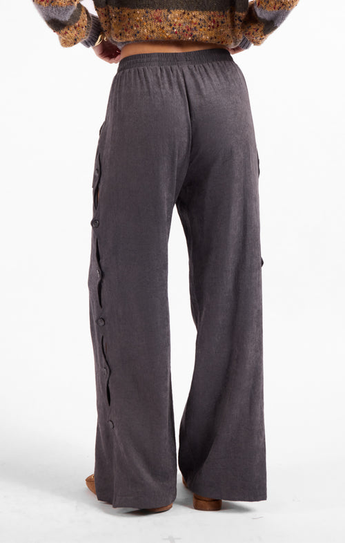 Rhea Button Pants in Stone Grey - back crop view